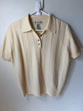 Evan Picone Cream Cable Knit Polo merino wool cream short sleeve old money M
